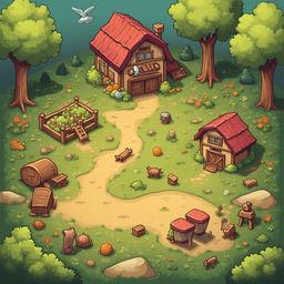 A quaint village scene features red-roofed wooden buildings, a winding dirt path, trees, bushes, rocks, and barrels, with a bird in flight.