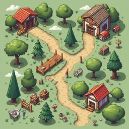 A quaint village scene features red-roofed wooden buildings, a central path, trees, bushes, and people engaged in activities.