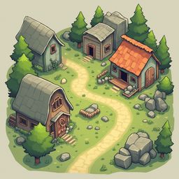 A quaint village scene features three wooden buildings with red and gray roofs, surrounded by trees and rocks.