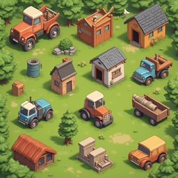 A quaint village scene features various vehicles and structures, including a red truck, blue tractor, orange truck, wooden house, shed, barrel, and tree, set against a lush green backdrop.