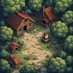 A quaint village scene features wooden houses, red-tiled roofs, and a winding path surrounded by lush trees and colorful flowers.