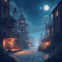 A quaint village street at night, lined with wooden buildings, cobblestone pavement, and warm streetlights, features a large full moon casting a gentle glow.