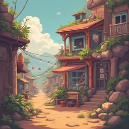A quaint village street, lined with stone buildings, features red roofs, hanging lanterns, and lush greenery under a clear blue sky.