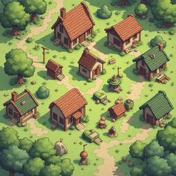A quaint village with red-roofed houses, green-roofed structures, and a central red-roofed building, surrounded by trees and shrubs.