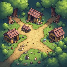 A quaint village with red-roofed houses, green roofs, and a winding dirt road is nestled in a verdant forest.