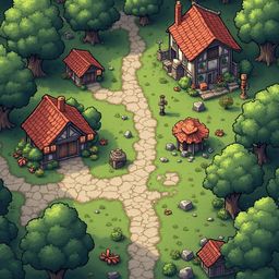A quaint village with red-roofed houses, stone pathways, and lush greenery is nestled amidst trees.