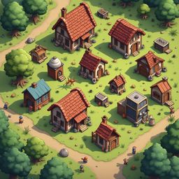 A quaint village with red-roofed houses, trees, and a winding dirt road is nestled amidst lush greenery.