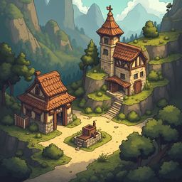 A quaint village with red-roofed stone buildings sits atop a hill, surrounded by lush greenery and majestic mountains.