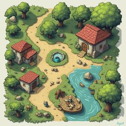 A quaint village with red-roofed stone buildings, a river, and a small wooden bridge is nestled amidst lush greenery.