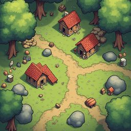 A quaint village with red-roofed wooden buildings, trees, rocks, and yellow flowers, set in a lush green meadow.