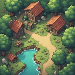 A quaint village with red-roofed wooden buildings, a river, and lush greenery is nestled in a dense forest.