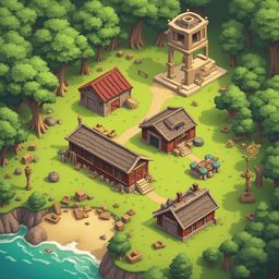 A quaint village with red-roofed wooden buildings, a stone tower, and a river is nestled amidst a verdant forest.