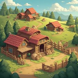 A quaint village with red-roofed wooden buildings nestles amidst green hills, trees, and mountains.