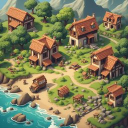 A quaint village with red-roofed wooden buildings, lush greenery, and a sandy beach is nestled beside a serene blue sea.