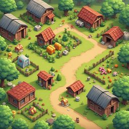 A quaint village with red-roofed wooden buildings, barns, and green fields is nestled amidst trees.