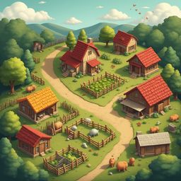 A quaint village with red-roofed wooden buildings, lush greenery, and a winding dirt road, set against a backdrop of rolling hills and blue sky.