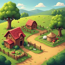 A quaint village with red-roofed wooden buildings, a dirt road, and a lush meadow is set against a backdrop of rolling hills and blue sky.