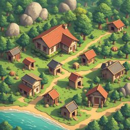 A quaint village with red-roofed wooden houses nestles near a serene blue-green river, surrounded by lush greenery and large rocks.