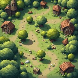 A quaint village with red-roofed wooden houses, trees, and paths is nestled amidst lush greenery.