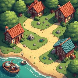 A quaint village with red-roofed wooden houses, a river, and a boat is set amidst lush greenery.