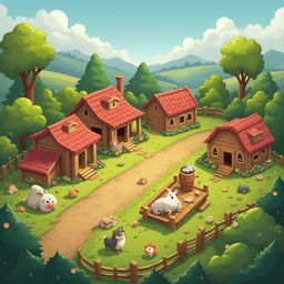 A quaint village with red-roofed wooden houses, lush greenery, and cartoon animals, set against a backdrop of rolling hills and blue sky.