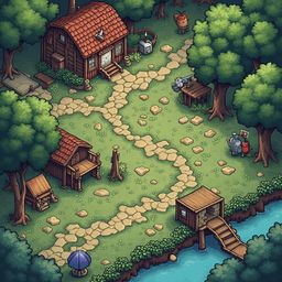 A quaint village with wooden buildings, a river, and a path is nestled amidst lush greenery, with characters engaging in various activities.