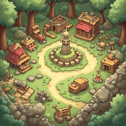 A quaint village with wooden buildings, dirt roads, and a central stone tower is nestled in a verdant forest.