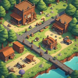 A quaint village with wooden buildings, red roofs, and a river is nestled amidst lush greenery, with a bridge connecting the two sides.