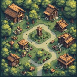 A quaint village with wooden buildings, trees, and a central fountain is nestled amidst a verdant landscape.