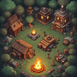 A quaint village with wooden buildings, trees, and a central fire pit is nestled amidst a verdant landscape.