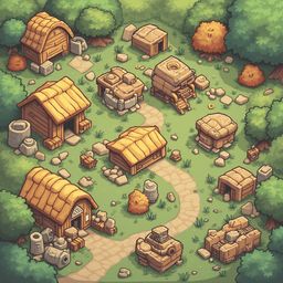 A quaint village with wooden buildings, trees, and a winding path is set in a lush, forested environment.