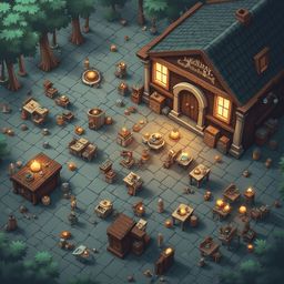 A quaint wooden building with warm lighting, inviting tables, and chairs, sits amidst trees and bushes in a cobblestone courtyard.