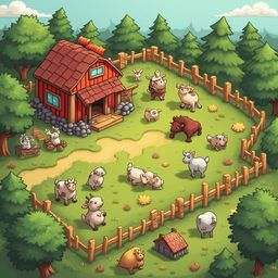 A red barn and diverse farm animals, including cows, sheep, and goats, inhabit a lush green field enclosed by a wooden fence.
