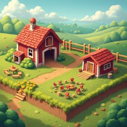 A red barn and shed with yellow flowers sit on a green hill, surrounded by trees and a blue sky with fluffy white clouds.