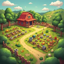 A red barn with a porch and garden sits amidst a lush green landscape, accessible via a dirt path and wooden fence.