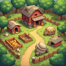 A red barn, wooden doghouse, and stone path lead to farm buildings, surrounded by trees and produce.