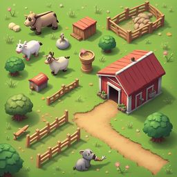 A red barn, wooden fence, and dirt path populate a cartoon farm scene, accompanied by cows, a gray pig, and a bird.