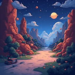 A red car travels along a winding dirt road through a canyon at night, with orange planets and a crescent moon in the dark blue sky.