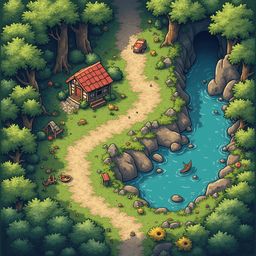 A red-roofed cabin sits beside a winding path, with a river, boat, and flowers nearby, framed by lush trees and shrubs.