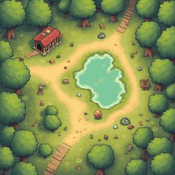A red-roofed cabin sits near a tranquil pond, surrounded by trees and various objects in a lush green forest.
