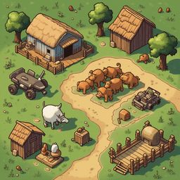 A rural farm scene features a thatched-roof hut, tractor, trailer, cows, pig, and a chicken.