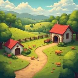 A rural landscape features red-roofed houses, cows grazing, a dirt path, and rolling hills under a clear blue sky.