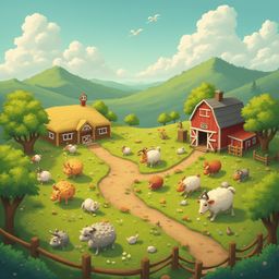 A rural scene features sheep, cows, and a red barn on a green hill, surrounded by trees and mountains under a clear blue sky.