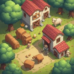 A rural scene features two red-roofed buildings, trees, animals, and people engaged in daily activities.