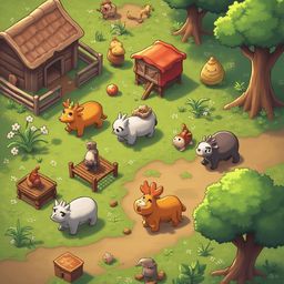 A rural scene features various animals, including cows, sheep, and a bear, grazing near a red barn and wooden fence.