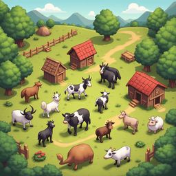 A rural village scene features cows, horses, sheep, and a haystack, surrounded by trees and mountains under a clear blue sky.