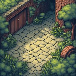 A rustic brick and stone pathway, bordered by lush greenery, leads to a wooden door in a brick and stone building.
