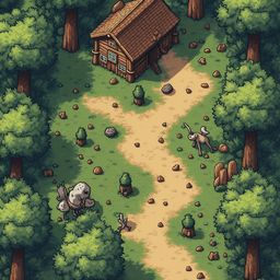 A rustic cabin, complete with shingled roof and chimney, sits nestled in a lush forest, accompanied by a squirrel, bird, and deer.