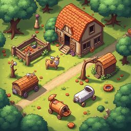 A rustic farm scene features a barn, wooden cart, shed, and animals, surrounded by lush greenery and colorful flowers.