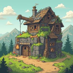 A rustic stone cabin with a thatched roof, chimney, and porch sits on a hillside, surrounded by trees and mountains.